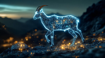 Wall Mural - A digital trail running icon linked to a glowing mountain goat, symbolizing online platforms studying wildlife trail navigation.  