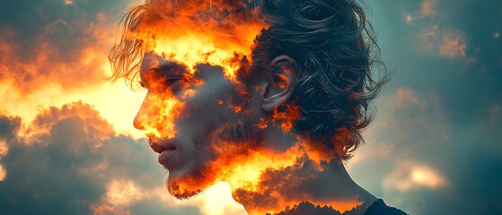 Poster - Dramatic Double Exposure Portrait of a Young Man with Fiery Clouds Blending into His Silhouette Against a Colorful Sky Background
