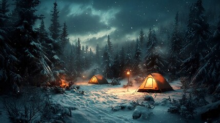 Canvas Print - Glowing Tents in a Frozen Winter Wonderland Campsite Nestled in Tranquil Forest at Dusk  A serene and picturesque landscape of untouched snow frost covered branches and a peaceful cozy camping scene