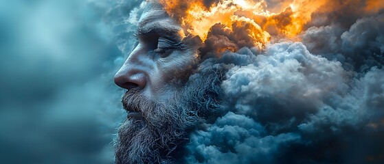 Aufkleber - Profile of a contemplative man with a beard and swirling clouds, capturing the essence of introspection, dreams, and emotional depth in a dramatic atmosphere of vibrant colors and textures.