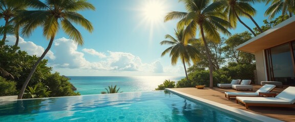 Wall Mural - A stunning infinity pool overlooks a serene ocean, framed by lush palm trees and a bright sunlit sky. This idyllic scene captures the essence of luxury and relaxation, inviting viewers to escape to a