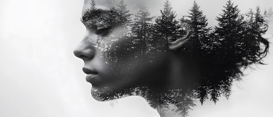Poster - A Dreamy Double Exposure of a Woman's Profile Merged with a Serene Forest Landscape Illustrating Nature, Serenity, and Inner Peace in Black and White