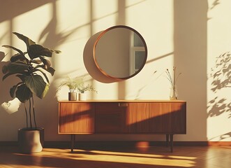 Wall Mural - Warm-toned wooden sideboard in a simple yet elegant living room, adorned with a round mirror and a houseplant, positioned against a bright wall for a professional product photo