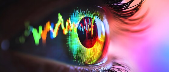 Aufkleber - Close-Up of Colorful Eye with Abstract Digital Graphics Reflecting on the Eyeball, Representing Data, Technology, and Visual Innovation in a Vibrant Artwork