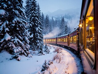 Poster - A vintage train winds through a snowy mountain pass, bathed in the soft glow of twilight.