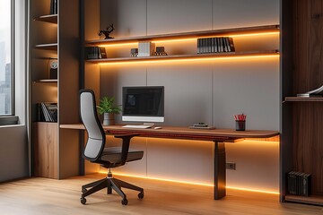 Wall Mural - home office setup with a sleek walnut desk, ergonomic chair, and built-in bookshelves illuminated by