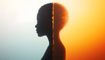 Poster - Profile Silhouette of a Woman Against a Dual Color Gradient Background Symbolizing Contrast Between Day and Night, Light and Darkness, Serenity and Chaos