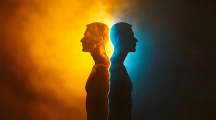 Poster - Man Silhouettes Against Colorful Smoke Background with Contrasting Hues of Orange and Blue Representing Duality, Emotion, and Inner Conflict
