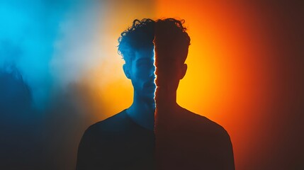 Poster - Duality of Emotions: A Creative Portrait with a Split Color Effect Showcasing the Contrast of Light and Shadow in a Modern Artistic Style