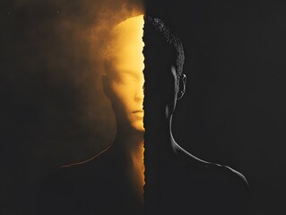 Poster - Portrait of a Mystical Figure with a Split Face in Dramatic Light and Shadow, Evoking Themes of Duality, Transformation, and Inner Conflict