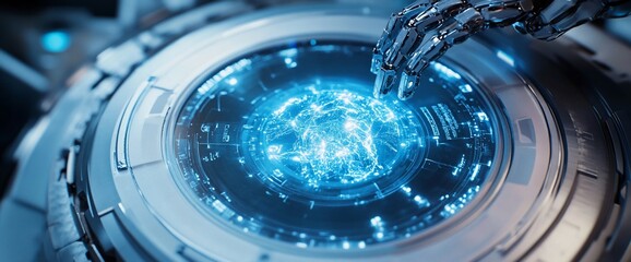 Poster - A robotic hand interacts with a glowing, holographic globe interface.