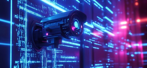 Poster - A surveillance camera against a digital backdrop of glowing data streams.