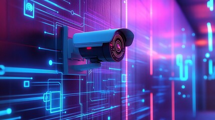 Poster - A surveillance camera mounted on a wall with a digital background.