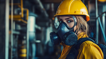 A woman adorned in a vibrant yellow helmet and protective gas mask stands confidently in a hazardous work environment.