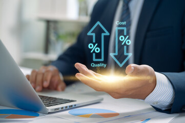 Fototapete - Cost and Quality Balance, businessman holds a glowing icon showing cost reduction and quality improvement percentages, emphasizing financial strategy and performance analysis.