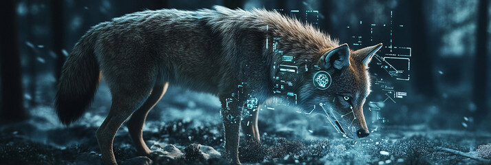 Wall Mural - A futuristic environmental monitoring icon linked to a wolf, symbolizing online platforms tracking wildlife health and ecosystem integrity.  