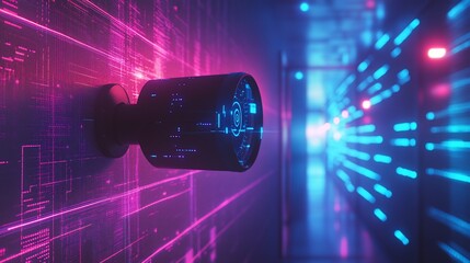 Poster - Futuristic wall-mounted device in a neon-lit corridor with digital patterns.