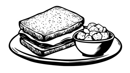 Wall Mural - Club sandwich placed on a white plate beside a small bowl of potato salad, Food Digital Art