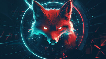 Wall Mural - A futuristic fencing icon with a glowing fox, symbolizing online sports platforms analyzing strategy and speed in combat. 