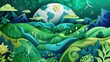© Morto - A conceptual artwork showing Earth's diverse biomes under the support of green energy, in a biome synergy art style, Simplified paper art illustration of