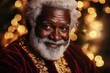 © prophoto - A kind, elderly Black man dressed as Santa Claus smiles warmly against a bokeh background of warm Christmas lights.