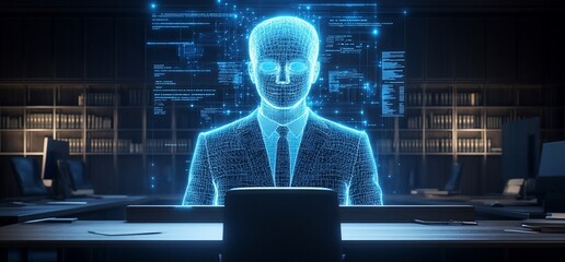 Poster - A holographic figure in a suit interacts with technology in a modern office.