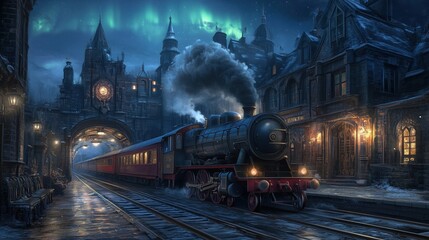 steam train at night in gothic station with aurora borealis. mystery, elegance, and travel