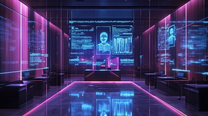 Poster - Futuristic digital workspace with holographic displays and neon lighting.
