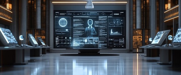 Poster - Futuristic data analysis room with holographic displays and interactive screens.