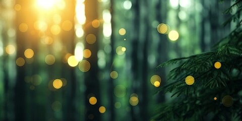 Wall Mural - A serene forest scene featuring soft bokeh lights and lush greenery, creating a tranquil and magical atmosphere. blurred background