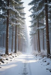 Wall Mural - Snowy forest road with tall trees and fresh snowfall, snowy, nature