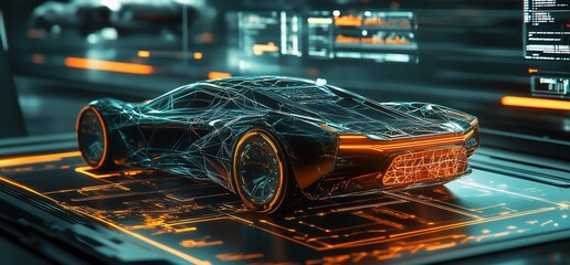 Poster - A futuristic car design displayed in a digital interface with neon accents.