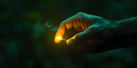 Wall Mural - Hand Holding a Lit Matchstick,  Illuminating Darkness, Ember's Glow, Nighttime Ambiance, Mystical Feeling.