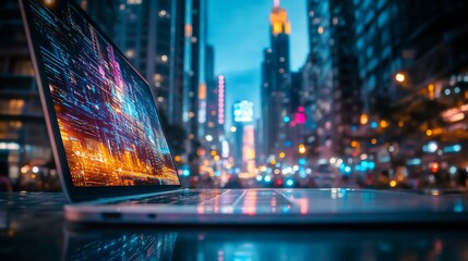 Poster - A laptop displays a vibrant cityscape, set against an urban night backdrop.