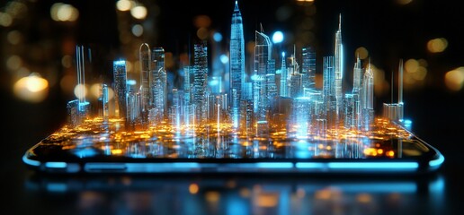Poster - A smartphone displaying a vibrant, holographic cityscape at night.