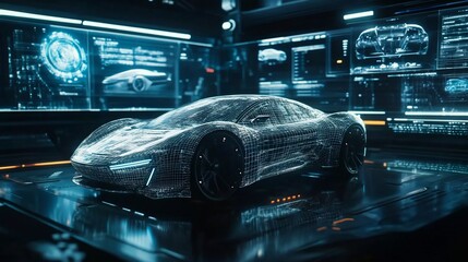 Poster - Futuristic car design displayed in a digital environment with holographic elements.
