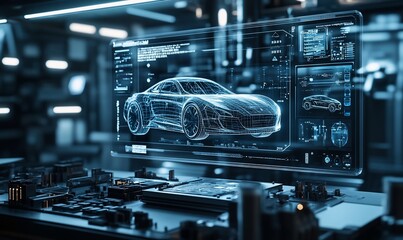 Poster - Futuristic car design displayed on a digital interface in a tech environment.