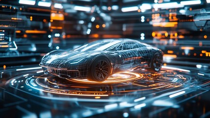 Poster - Futuristic car design in a digital environment with neon accents.