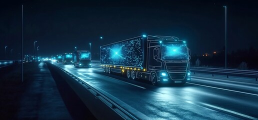 Poster - Futuristic trucks illuminated on a highway at night.