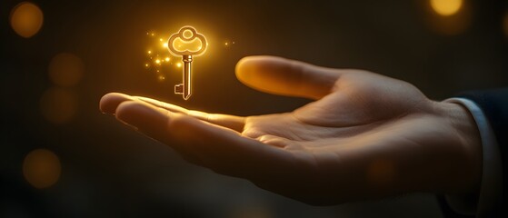 Aufkleber - Magical glowing key floating above an open hand, symbolizing opportunity, potential, and new beginnings in a dreamy, atmospheric setting with soft bokeh lights.