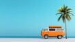 © khonkangrua - Nostalgic Orange Van by Tropical Palm Tree Against a Bright Blue Sky and Calm Ocean Background