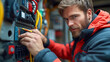 © Aliaksandra - Focused electrician wearing a safety glasses inspects a control panel in a brightly lit industrial environment