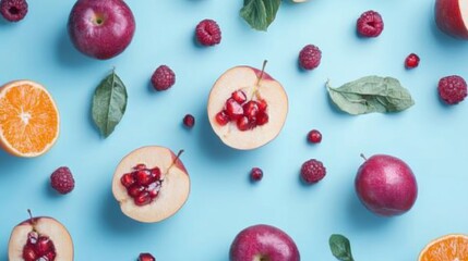 Wall Mural - Flat Lay of Fresh Fruits and Berries on Blue Background