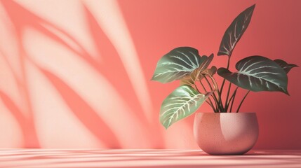 Wall Mural - Elegant Green Potted Plant with Shadows on Pink Background