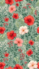 Wall Mural - This enchanting floral pattern features a delightful array of red and pink blossoms intertwined with lush green foliage against a soothing mint background. The intricate design evokes feelings of joy