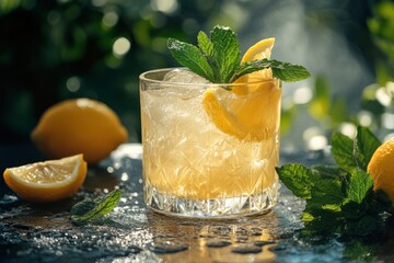 Poster - Cool lemonade with ice cubes, lemon slices, and mint leaves in a glass, perfect for a hot summer day