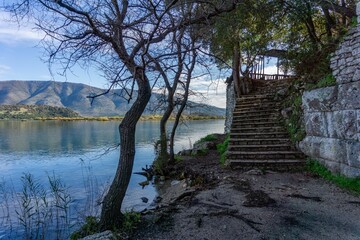 Wall Mural - Serene lake with a stone staircase and barren trees in Butrint National Park, Albania