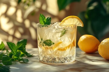 Poster - Refreshing summer cocktail with lemon, mint, and ice cubes in a crystal glass, placed on a marble table in a sunny setting