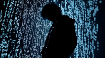 Poster - Silhouette of a Person Against a Futuristic Background with Glowing Binary Code Representing Technology, Cybersecurity, and Digital Transformation Themes