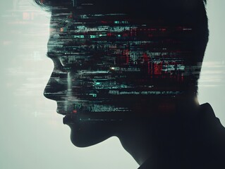 Poster - A Conceptual Representation of Artificial Intelligence and Human Interaction Featuring a Profile Silhouette with Digital Data Elements Overlaying the Face